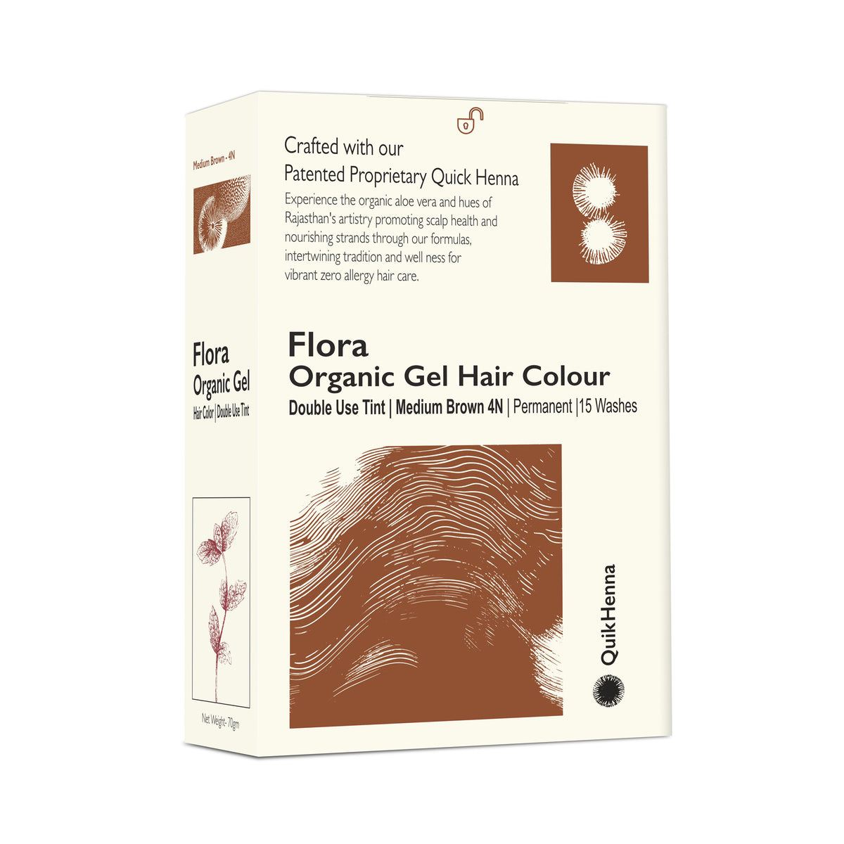 Quikhenna Flora Double Use Tint Organic Gel Hair Color –  Medium Brown 4N , Ammonia-Free, Long-Lasting, Organic & Vegan, Dual Application