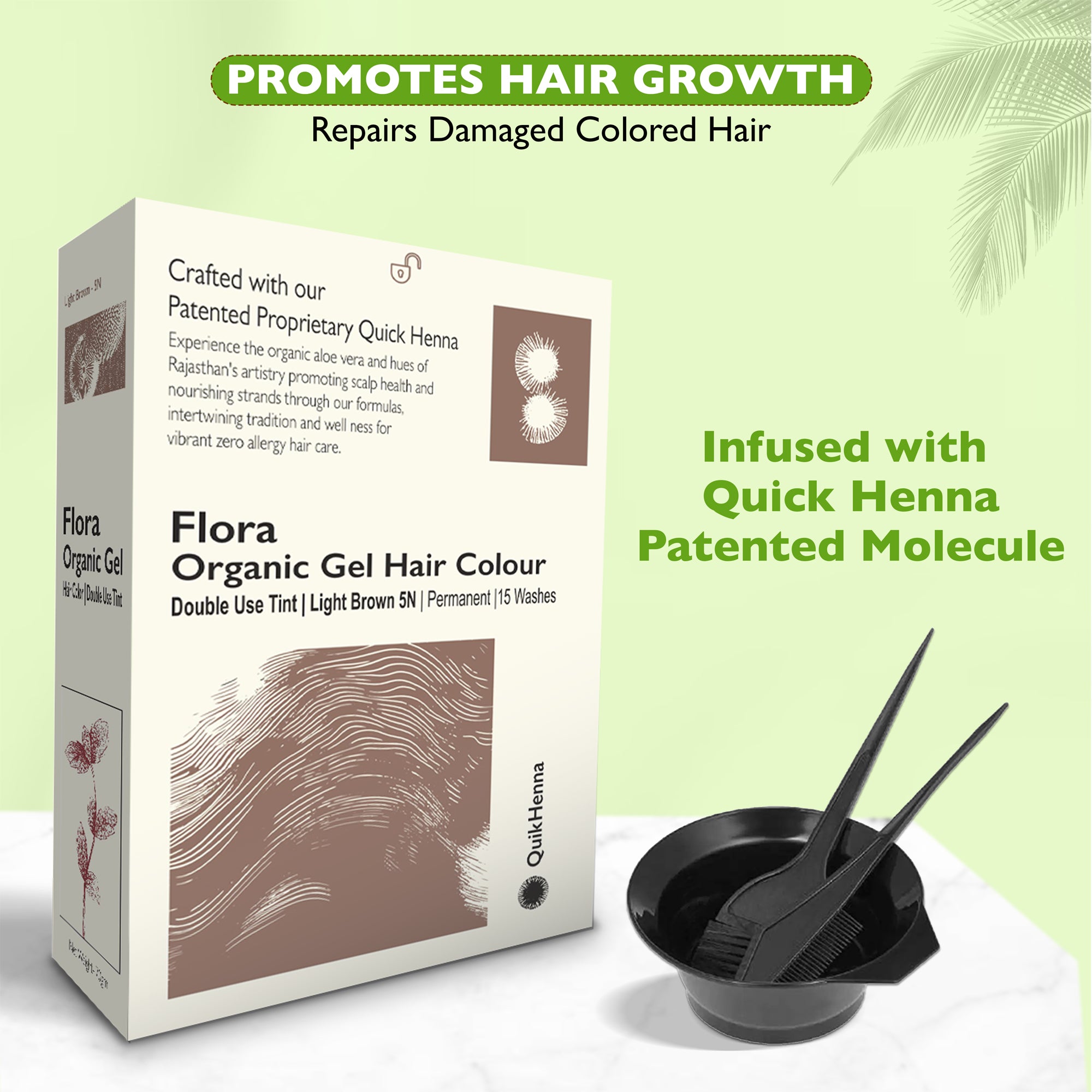 Quikhenna Flora Double Use Tint Organic Gel Hair Color –  Light Brown 5N , Ammonia-Free, Long-Lasting, Organic & Vegan, Dual Application