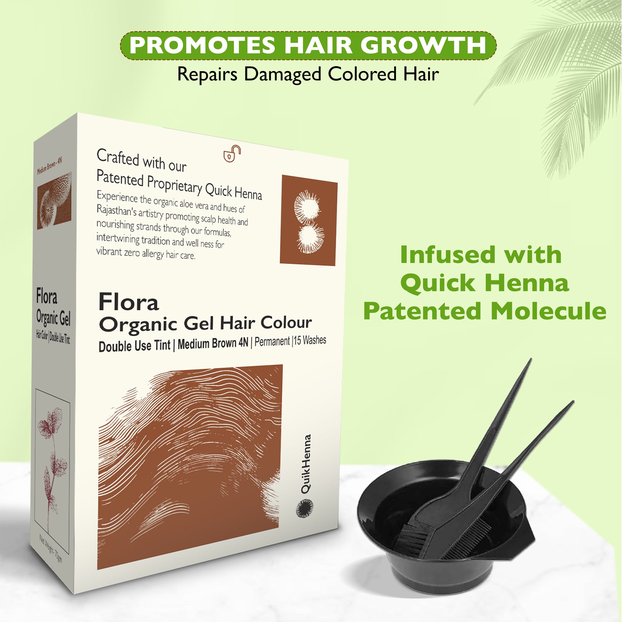 Quikhenna Flora Double Use Tint Organic Gel Hair Color –  Medium Brown 4N , Ammonia-Free, Long-Lasting, Organic & Vegan, Dual Application