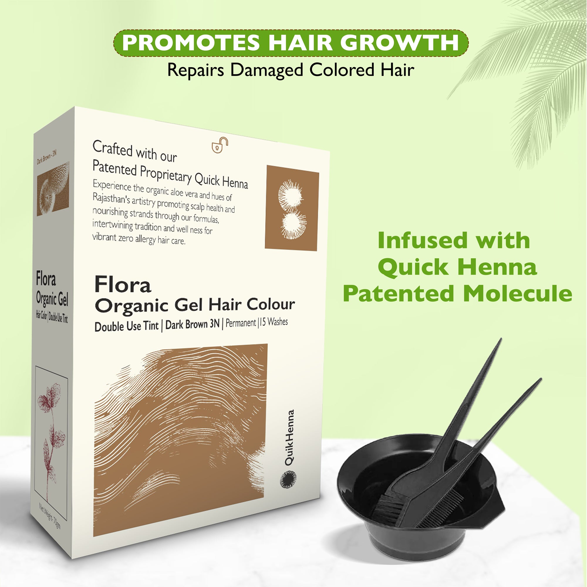 Quikhenna Flora Double Use Tint Organic Gel Hair Color –  Dark Brown 3N , Ammonia-Free, Long-Lasting, Organic & Vegan, Dual Application