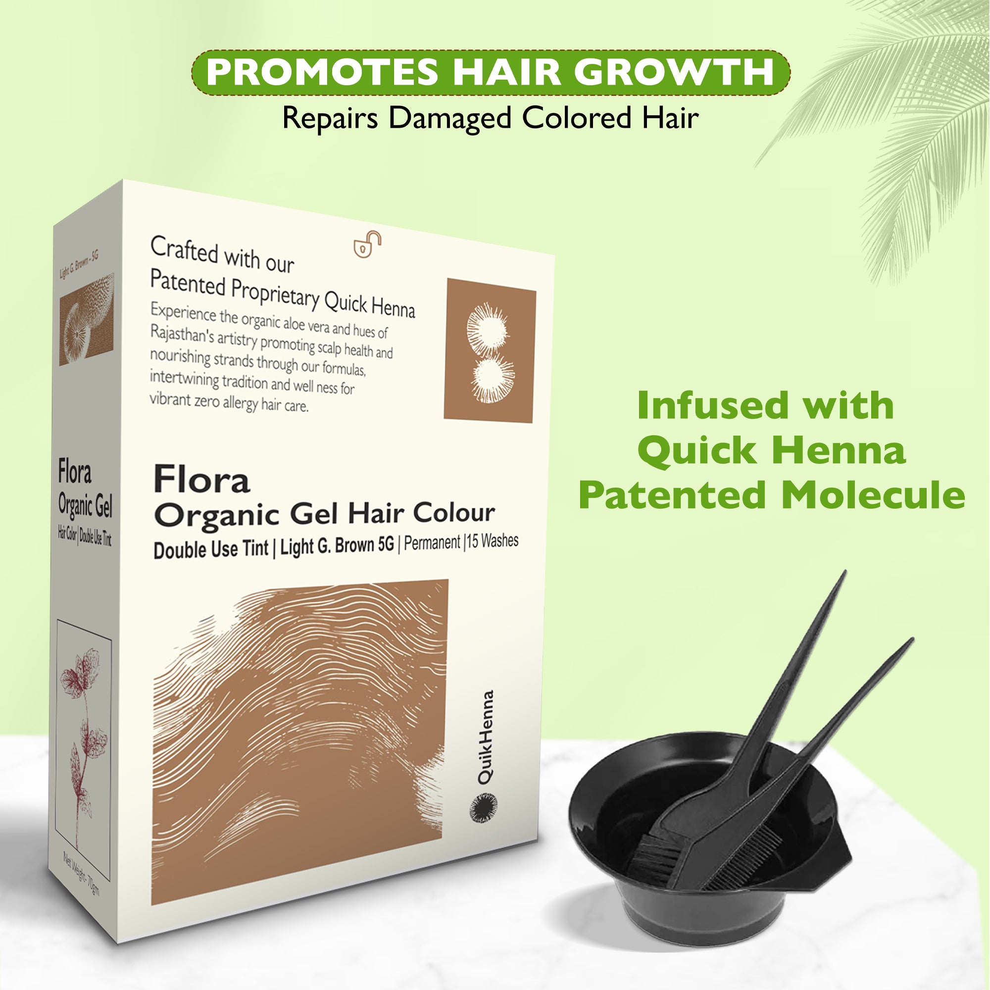 QH+ Quikhenna Flora Double Use Tint Organic Gel Hair Color –  Light Golden Brown 5G , Ammonia-Free, Long-Lasting, Organic & Vegan, Dual Application