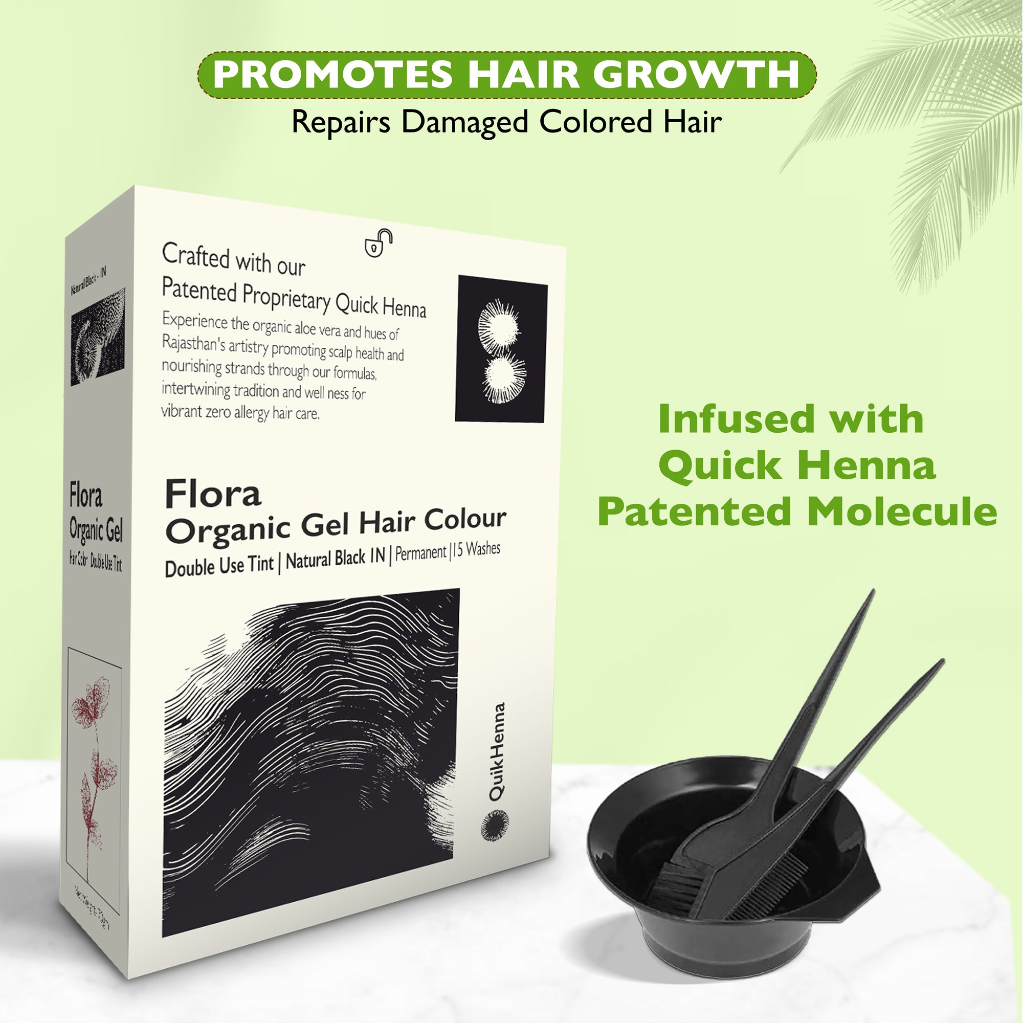 Quikhenna Flora Double Use Tint Organic Gel Hair Color – Natural Black 1N, Ammonia-Free, Long-Lasting, Organic & Vegan, Dual Application