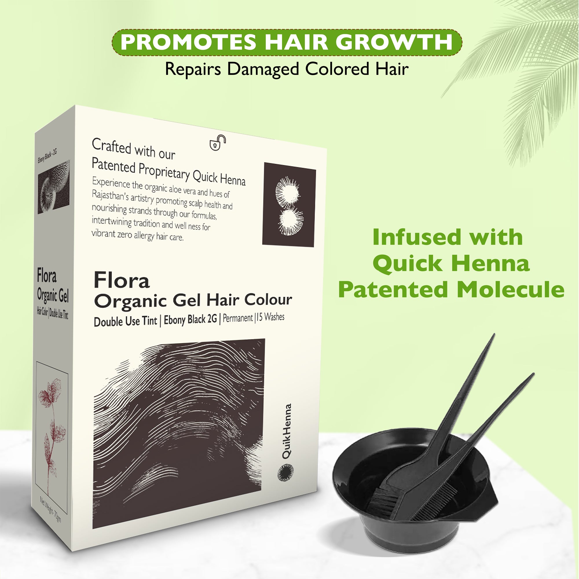 Quikhenna Flora Double Use Tint Organic Gel Hair Color –  Ebony Black 2G , Ammonia-Free, Long-Lasting, Organic & Vegan, Dual Application