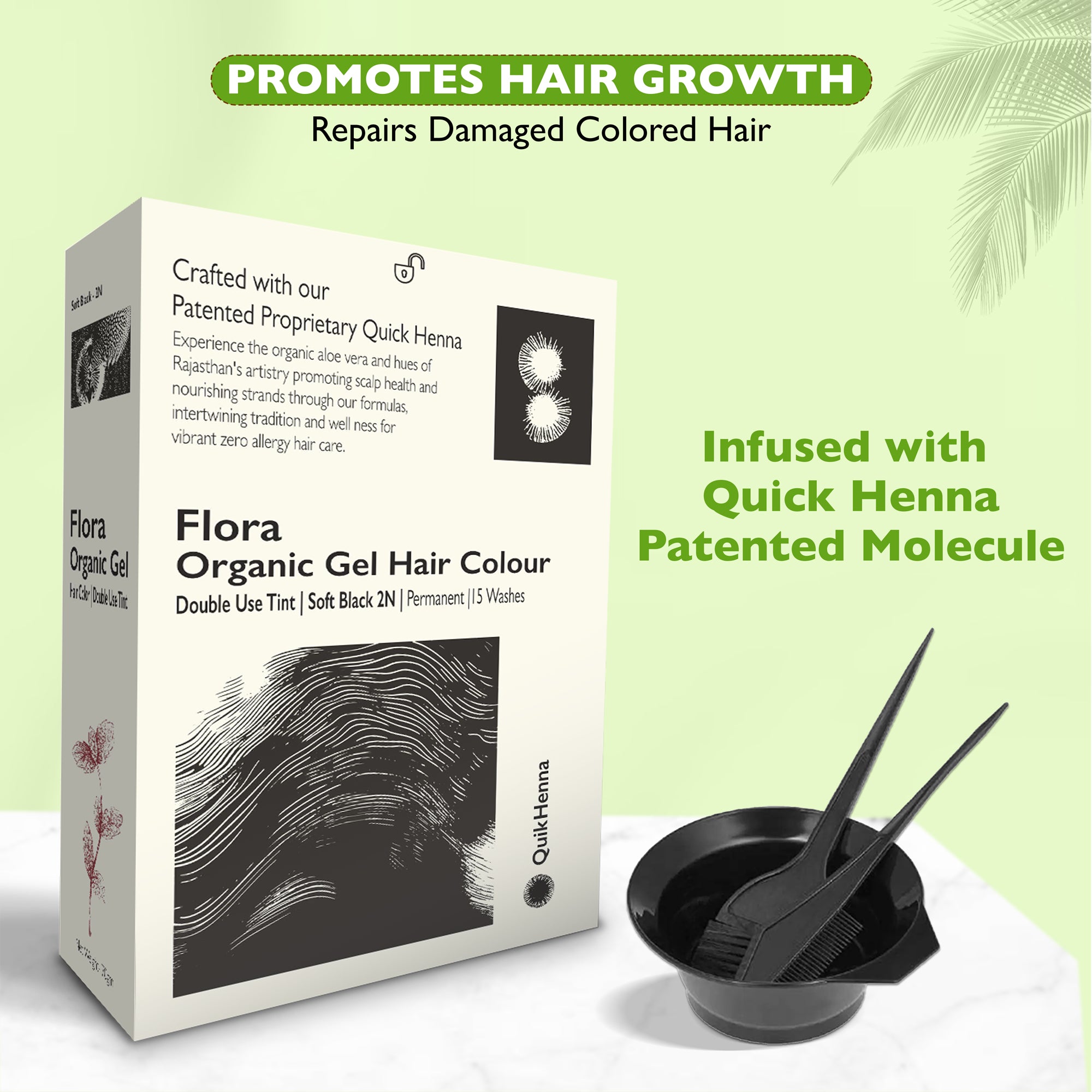 Quikhenna Flora Double Use Tint Organic Gel Hair Color – Soft Black 2N, Ammonia-Free, Long-Lasting, Organic & Vegan, Dual Application