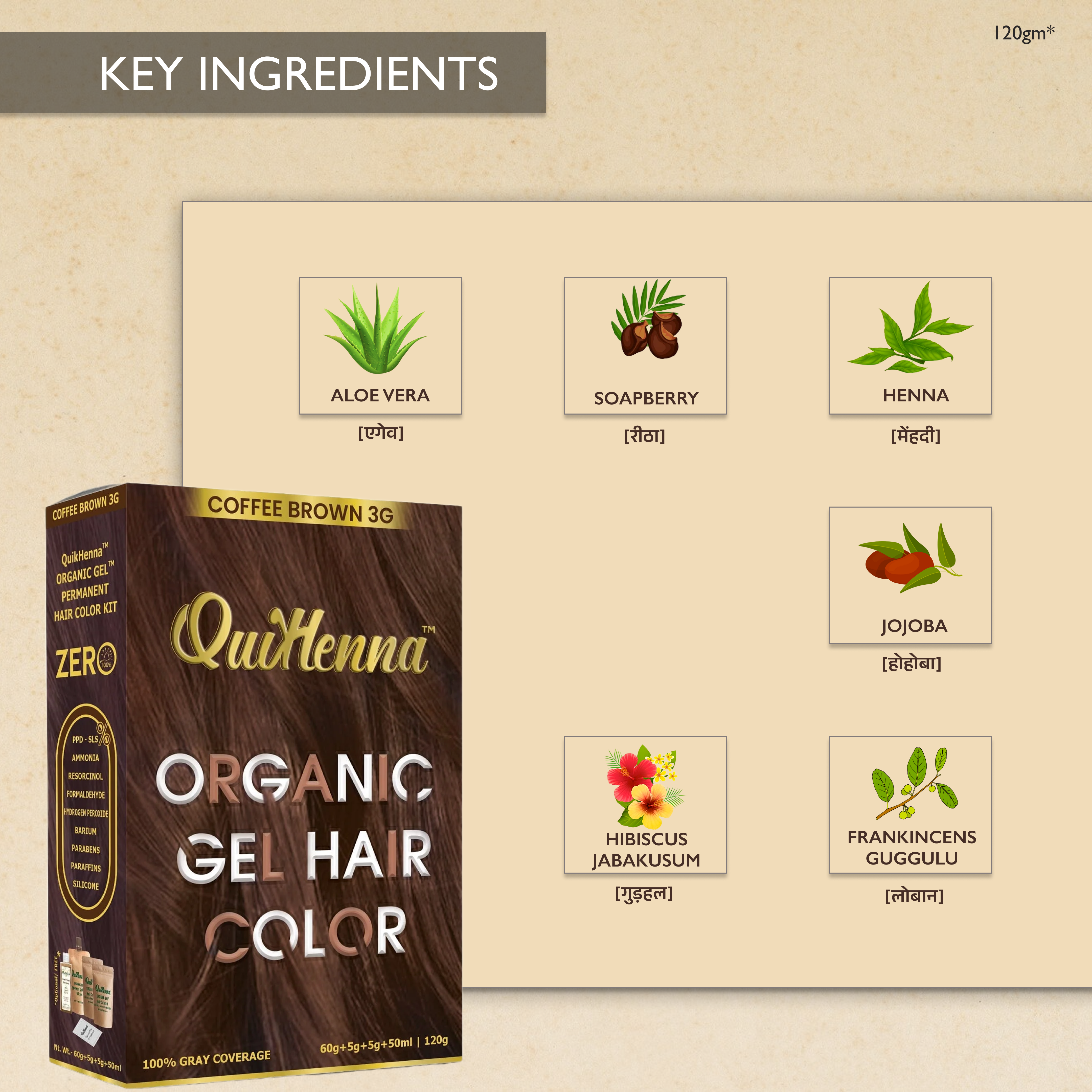 QuikHenna 3G Coffee Brown Damage Free Organic Gel Hair Color 120g