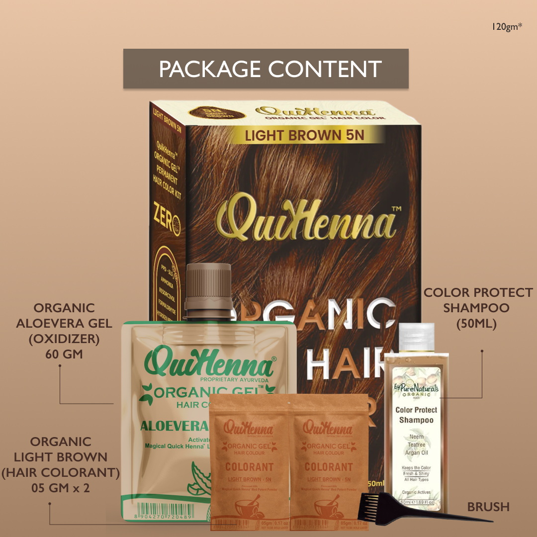 QuikHenna PPD & Ammonia Free Organic Gel Permanent Hair Colour 5N Light Brown for Men & Women 120GM