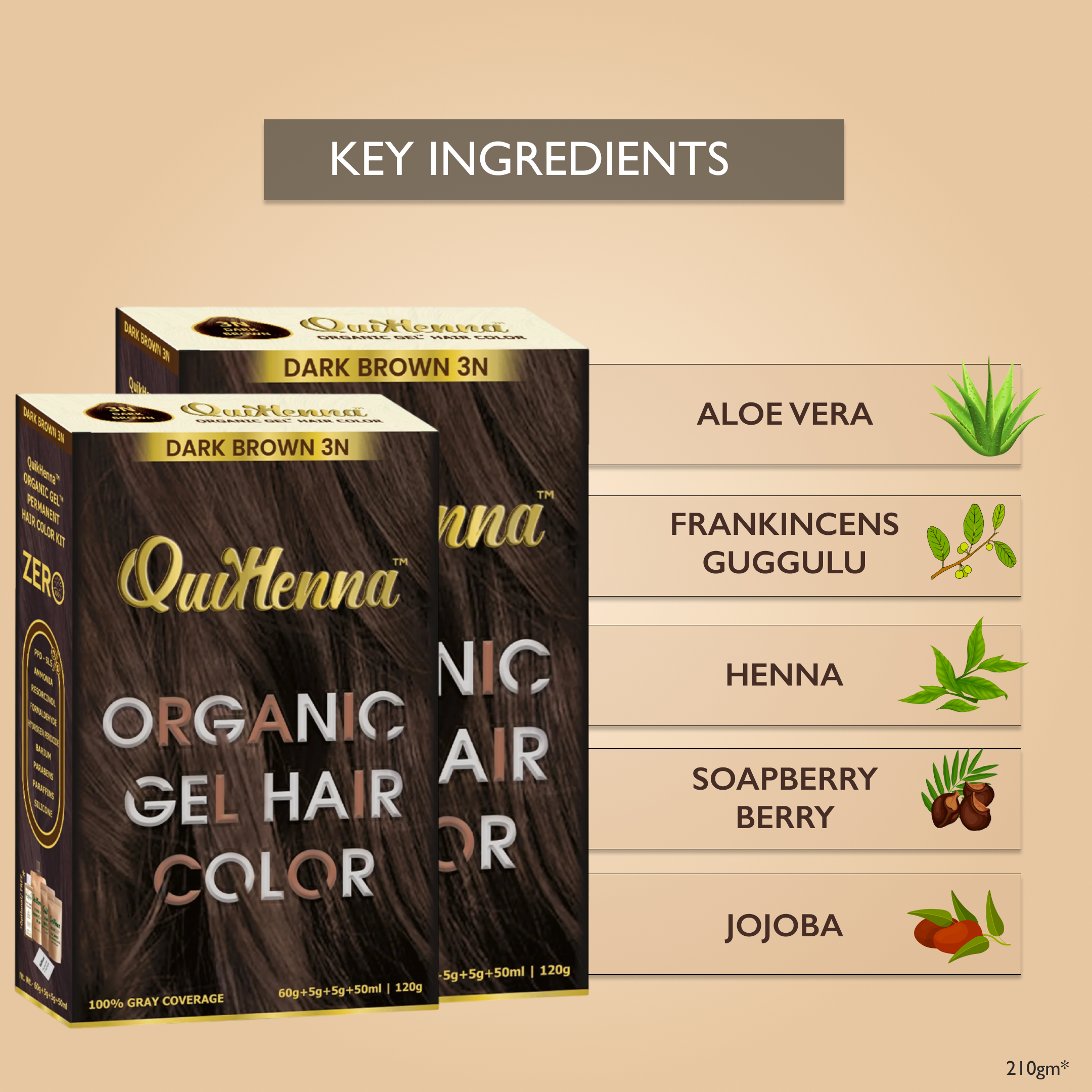 QuikHenna PPD & Ammonia Free Organic Gel Permanent Hair Colour 3N Dark Brown for Men & Women 210GM