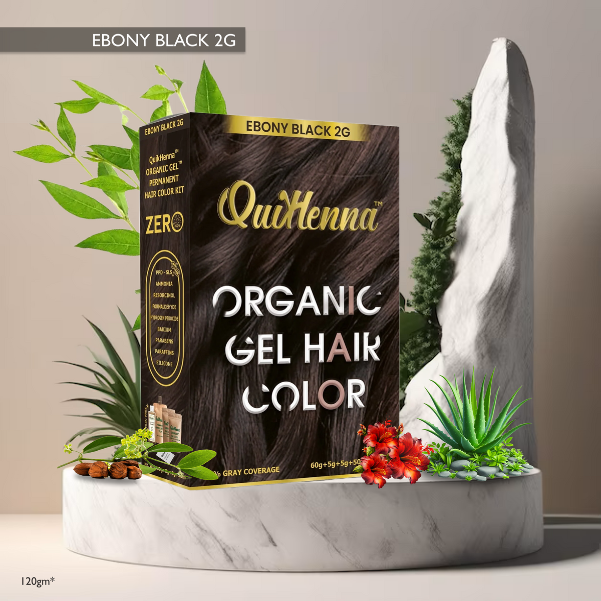 QuikHenna Zero Allergic 2G Ebony Black Damage Free Organic Gel Hair Color 120g