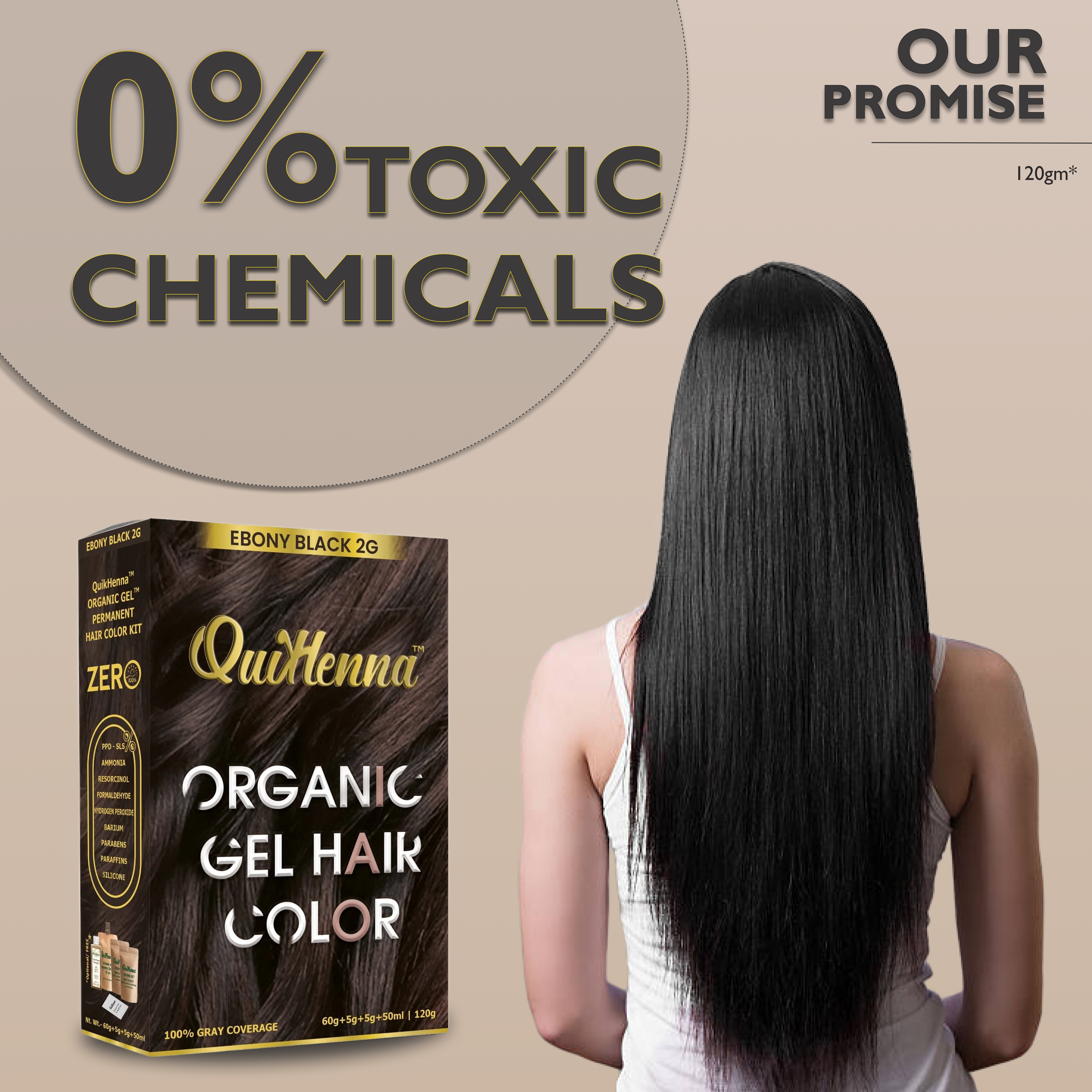 QuikHenna Zero Allergic 2G Ebony Black Damage Free Organic Gel Hair Color 120g