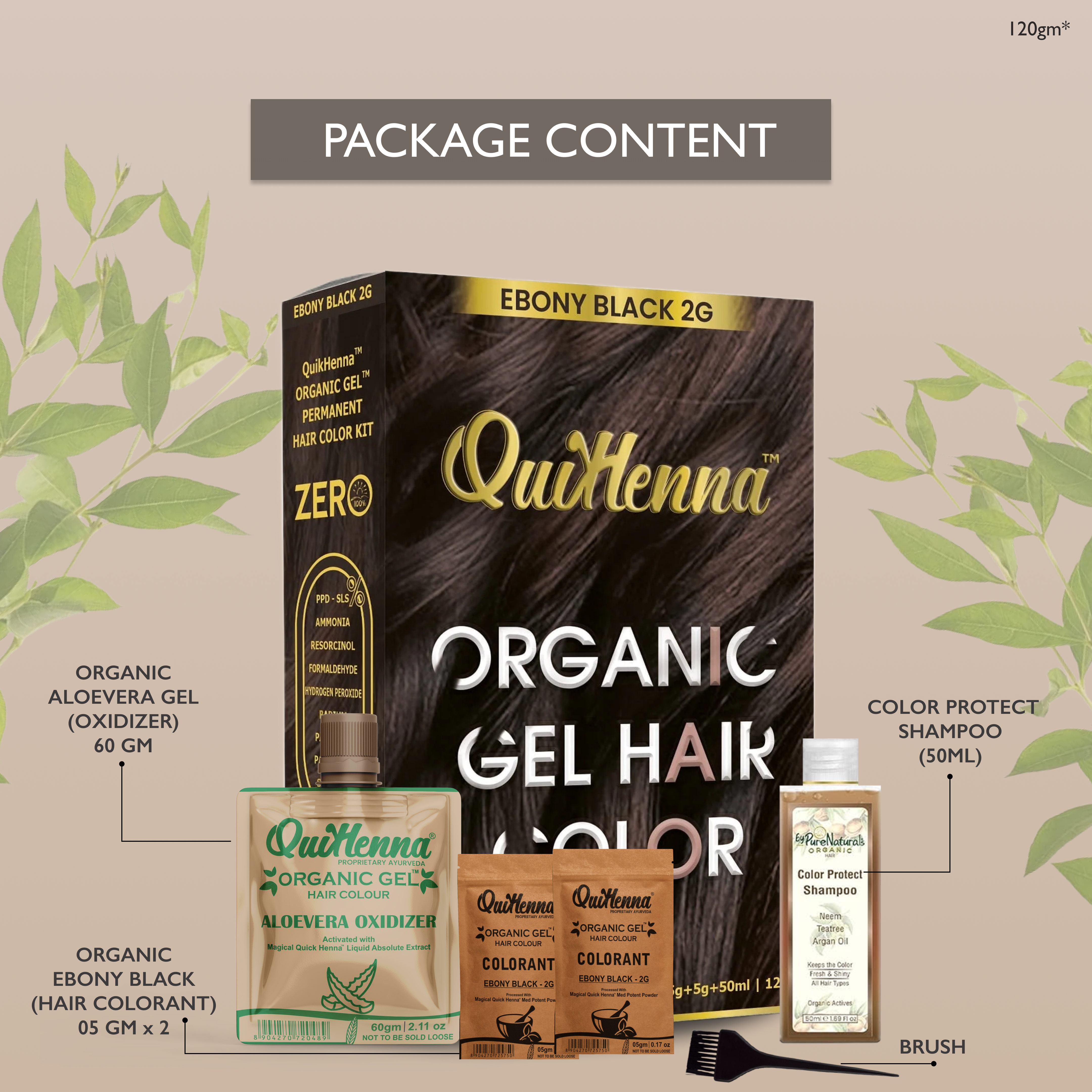 QuikHenna Zero Allergic 2G Ebony Black Damage Free Organic Gel Hair Color 120g