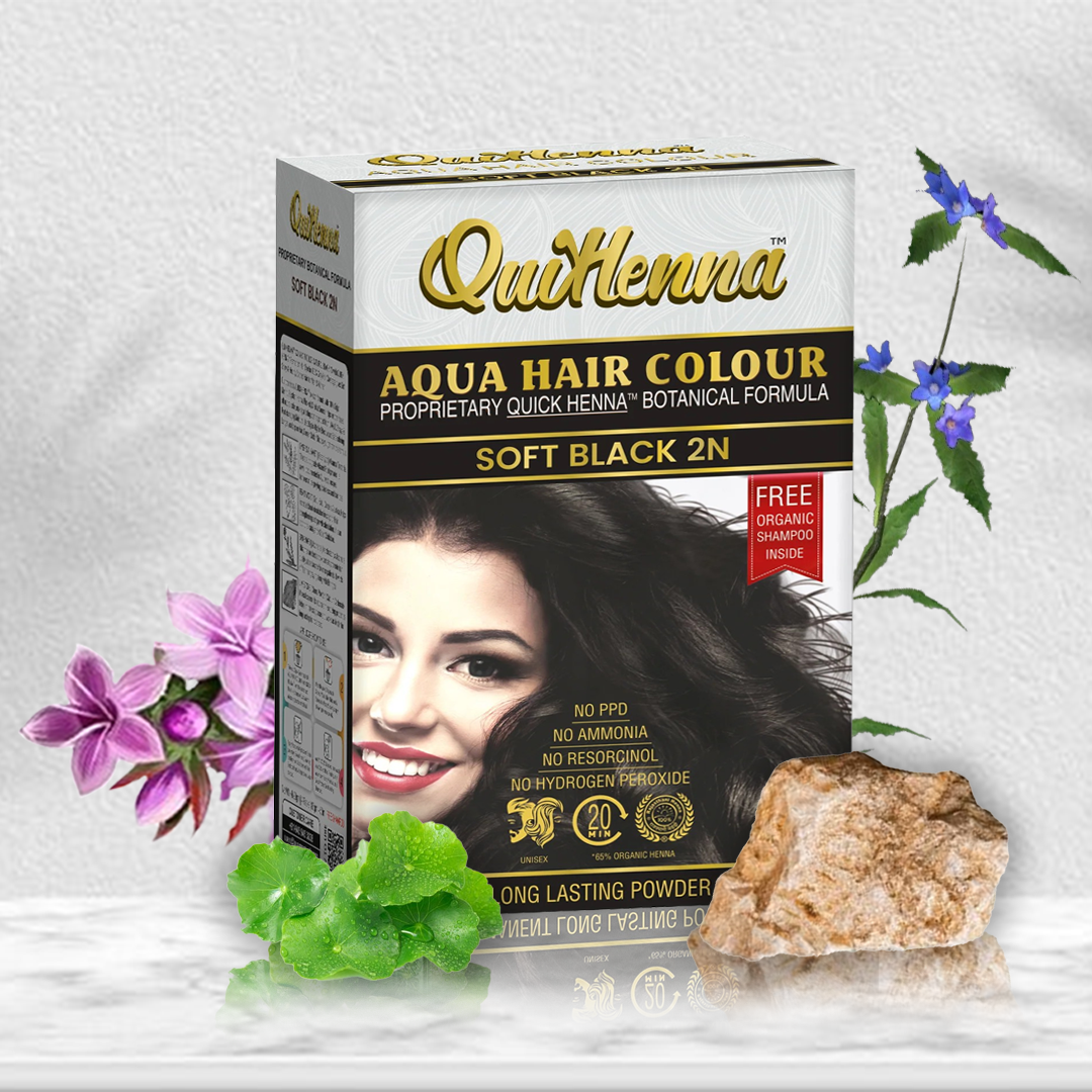 QuikHenna, AQUA Powder Hair Color 2N Soft Black for Men & Women, 110GM | Permanent Long Lasting Hair Color | Free from PPD, Resorcinols, Peroxides, Ammonia & Harsh Chemicals