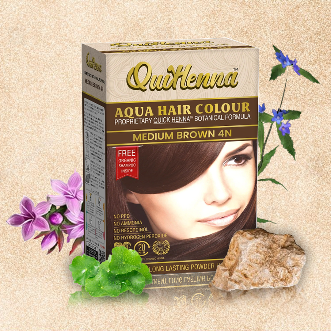 QuikHenna AQUA Powder Hair Color 4N Medium Brown For Men & Women, 110GM | Permanent Long Lasting Hair Color | Free From PPD, Resorcinols, Peroxides, Ammonia & Harsh Chemicals