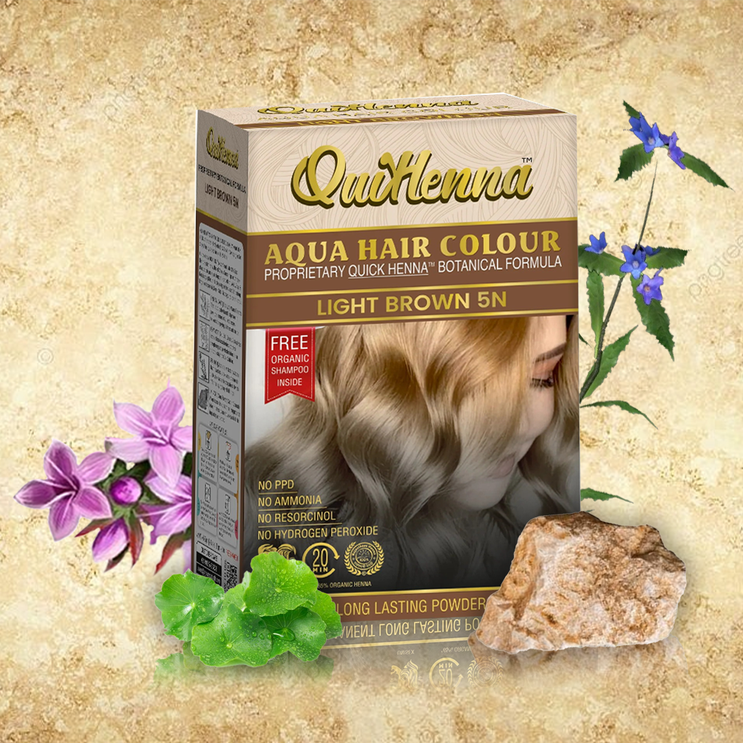 QuikHenna AQUA Powder Hair Color 5N Light Brown For Men & Women, 110GM | Permanent Long Lasting Hair Color | Free From PPD, Resorcinols, Peroxides, Ammonia & Harsh Chemicals