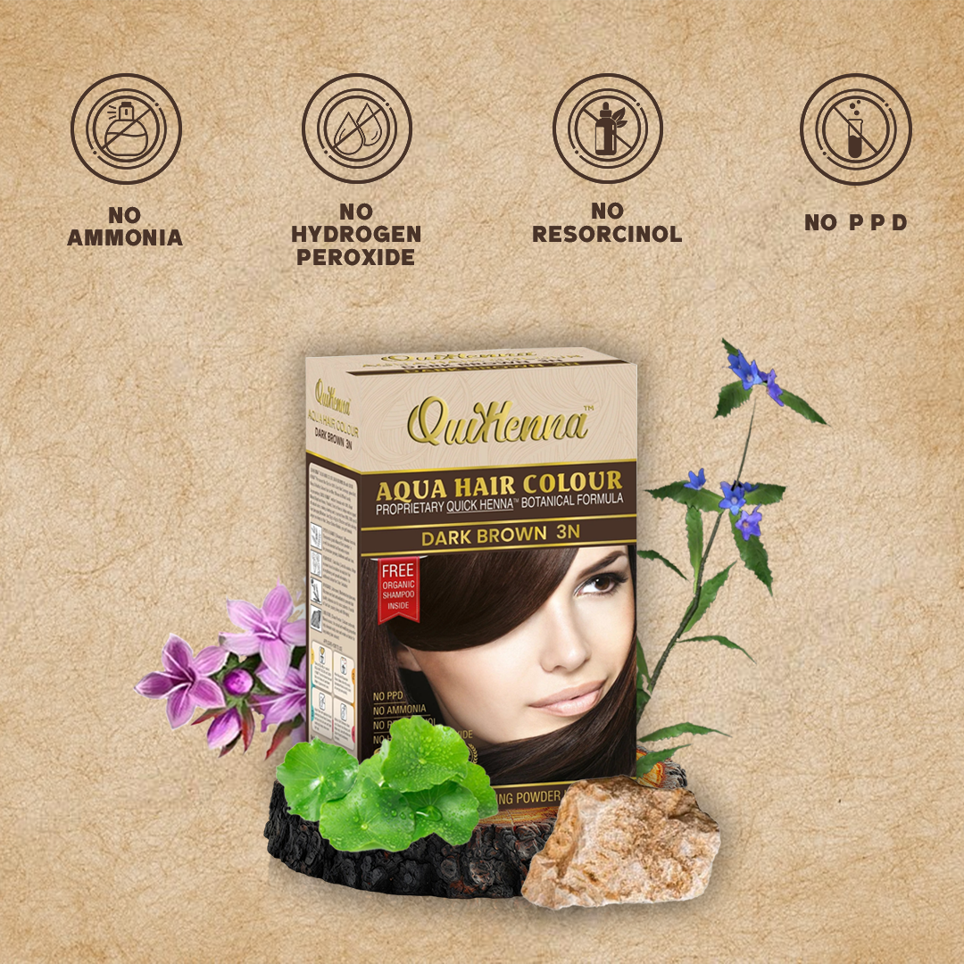 QuikHenna, AQUA Powder Hair Color 3N Dark Brown for Men & Women, 110GM | Permanent Long Lasting Hair Color | Free from PPD, Resorcinols, Peroxides, Ammonia & Harsh Chemicals