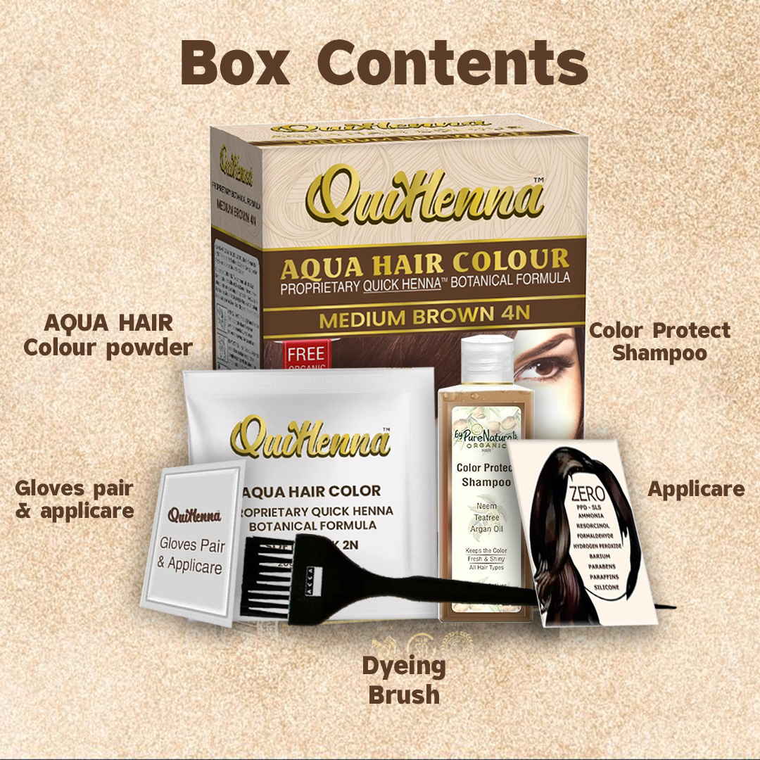 QuikHenna AQUA Powder Hair Color 4N Medium Brown For Men & Women, 110GM | Permanent Long Lasting Hair Color | Free From PPD, Resorcinols, Peroxides, Ammonia & Harsh Chemicals